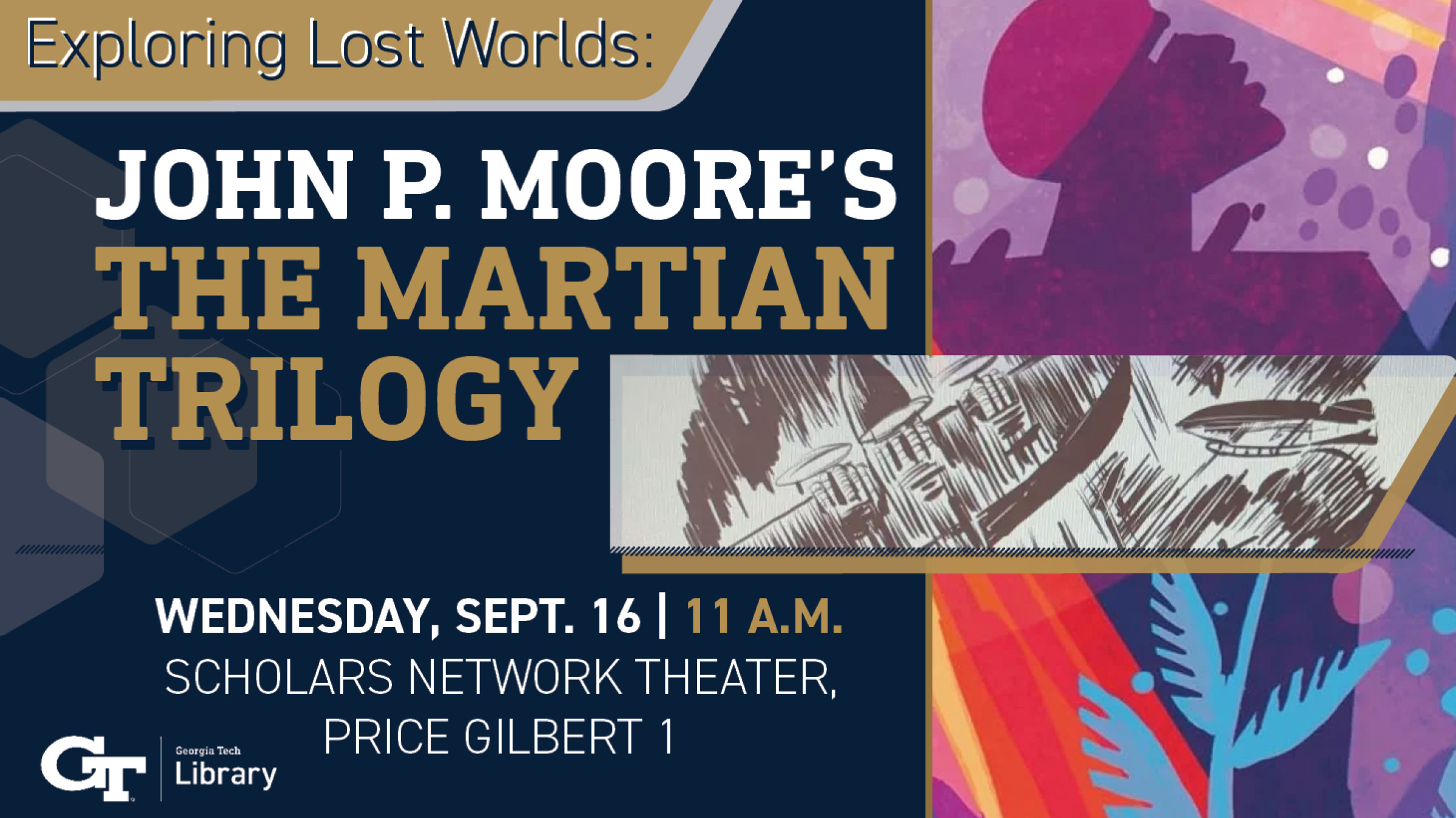 Digital signage for John P. Moore's The Martian Trilogy event featuring the book's cover and interior artwork. 