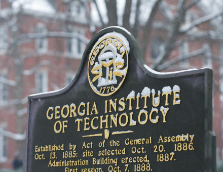 Georgia Tech historic marker covered in snow during a 2014 winter weather event. Photographer: Rob Felt